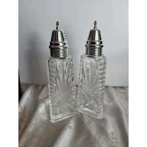 Crystal Clear Czech Republic Triangle Salt Pepper Shakers w/Silver Tone Lids New